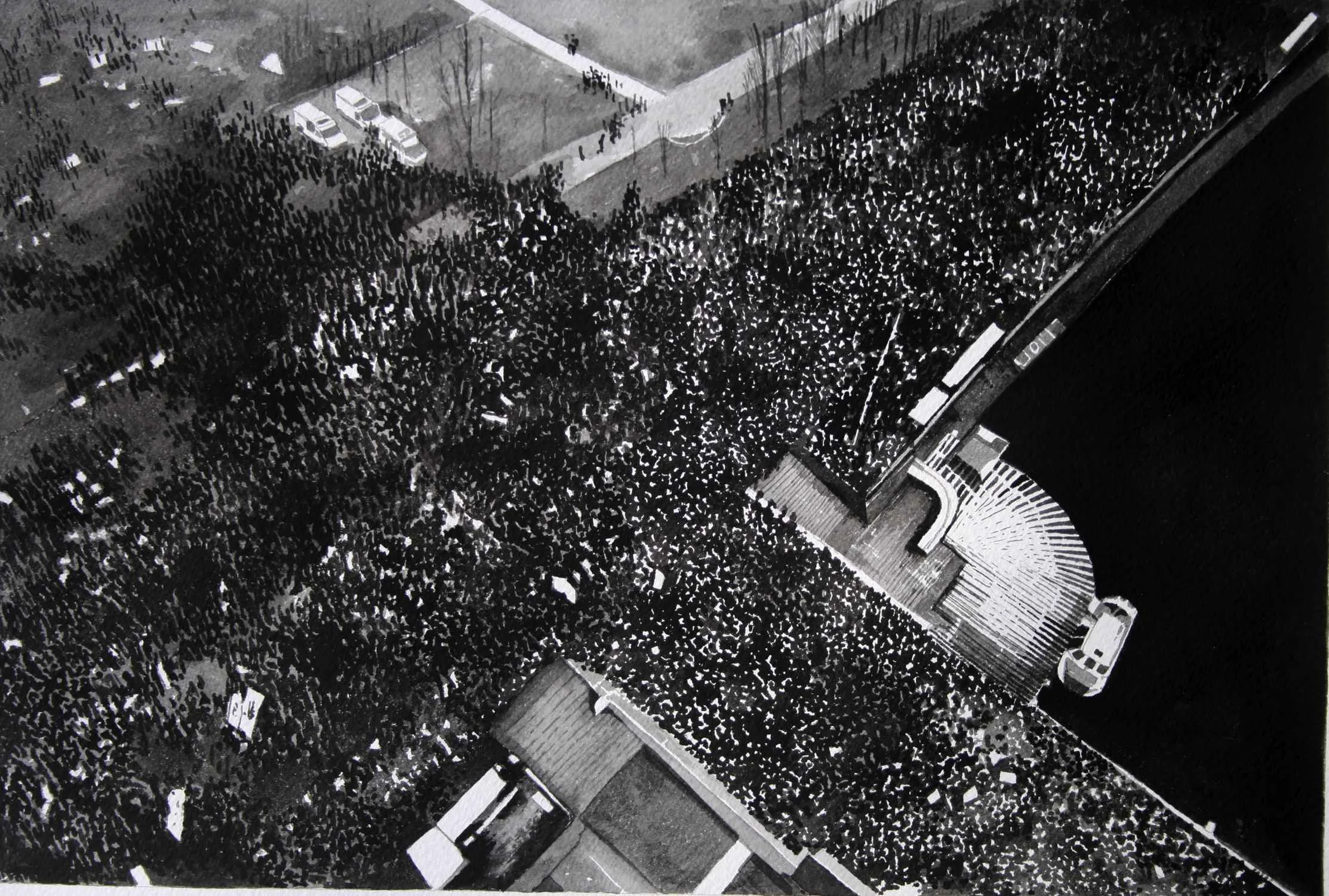  Protest Crowd, Moscow, Russia (2011) Ink on paper, mounted on aluminium, white box frame, 40cm x 58 cm. 2015. 