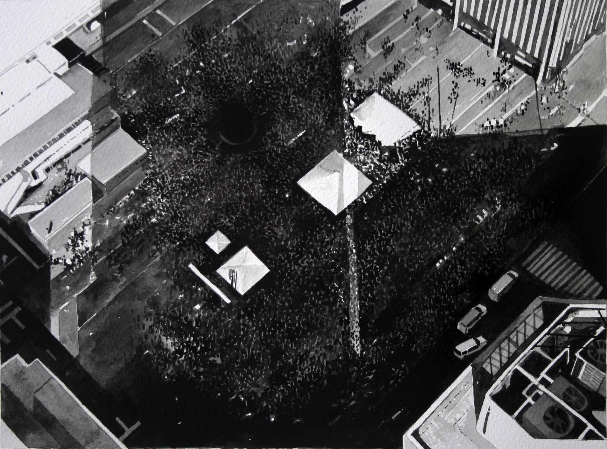 Protest Crowd, Occupy NY (6), Ink on paper, mounted on aluminium, white box frame, 40cm x 58 cm. 2014.