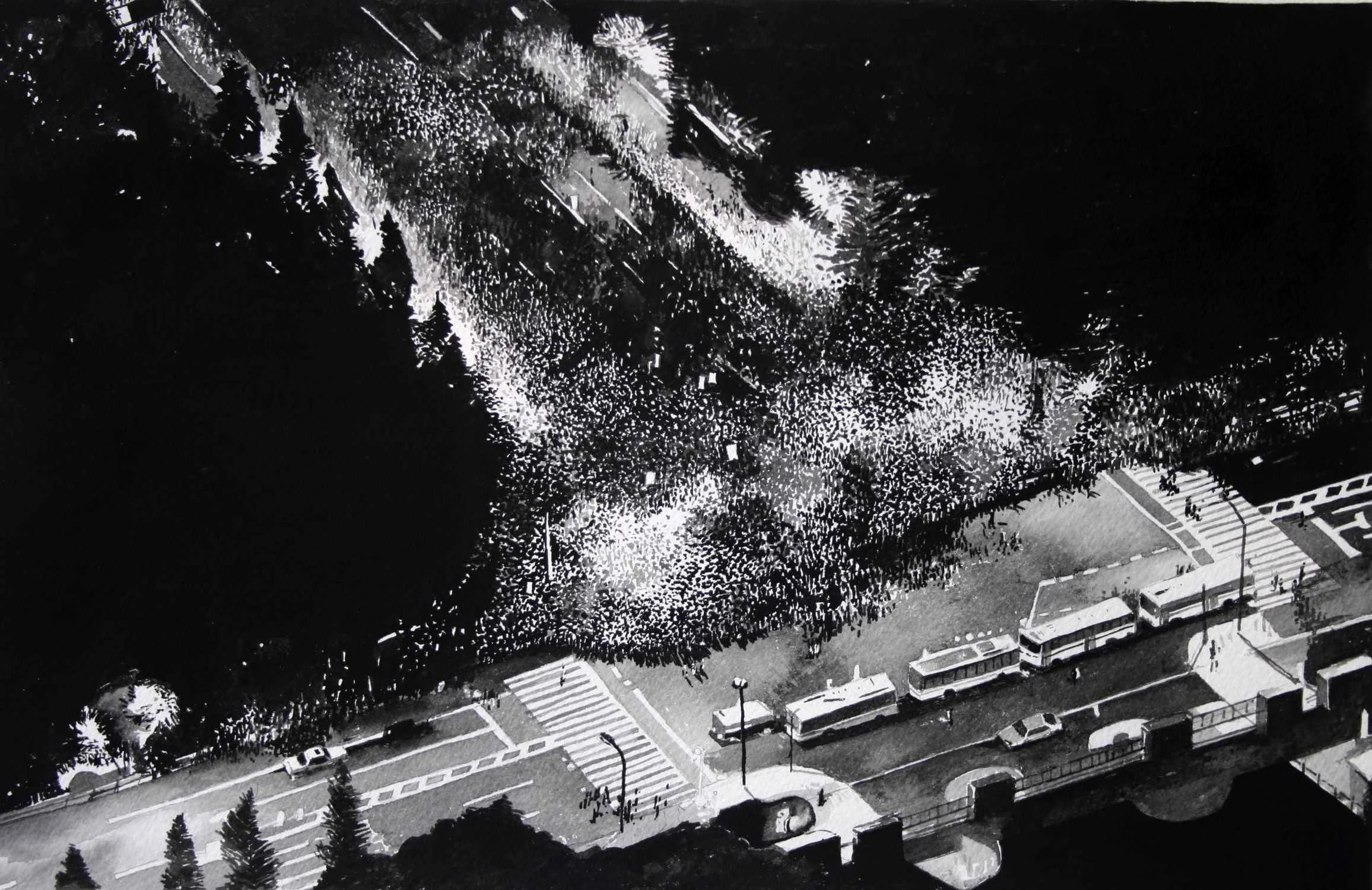 Protest Crowd, Tokyo (Version 4) Ink on paper, mounted on aluminium, white box frame, 40cm x 58 cm. 2013.