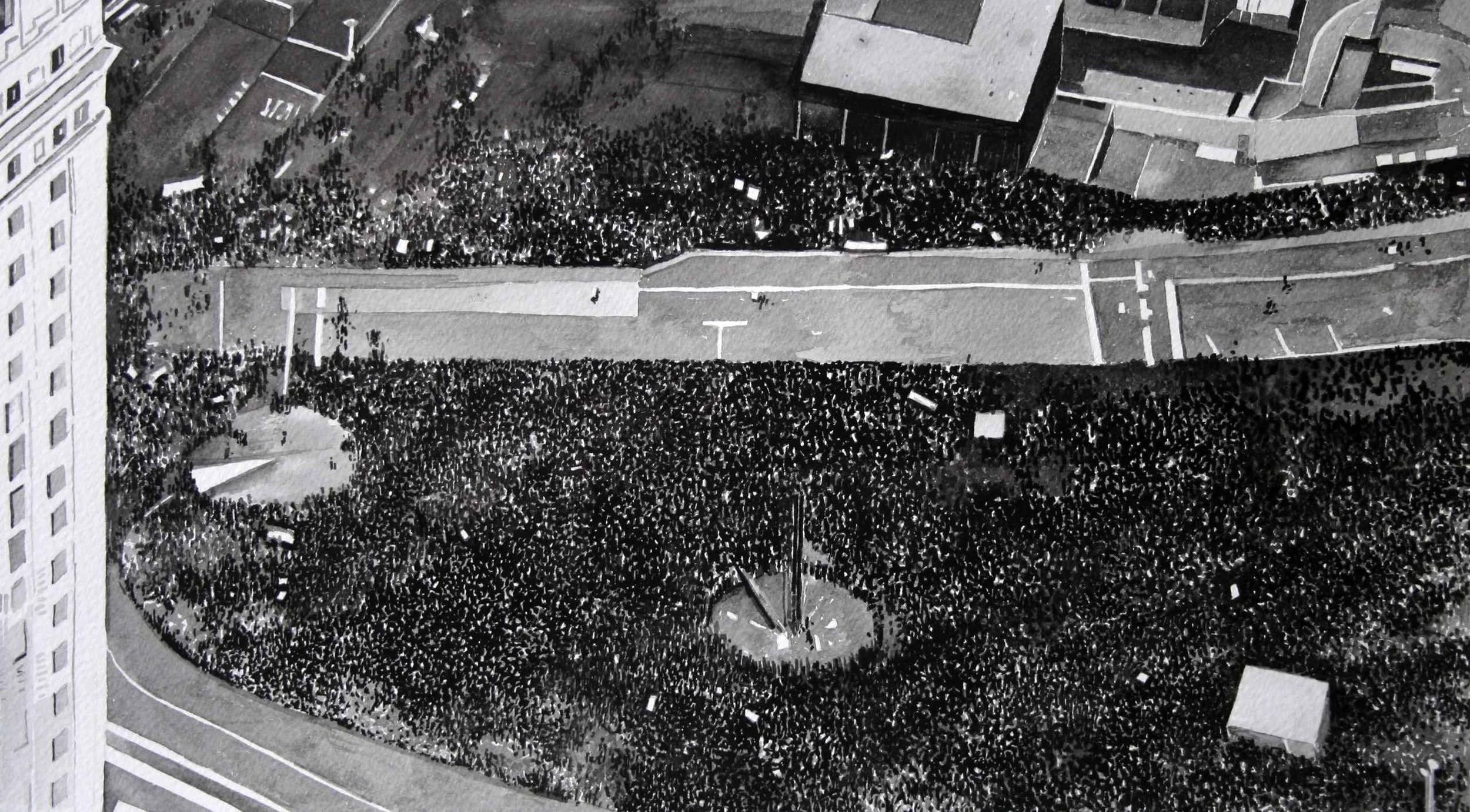 Protest Crowd, Occupy NY (3), Ink on paper, mounted on aluminium, white box frame, 40cm x 58 cm. 2013.