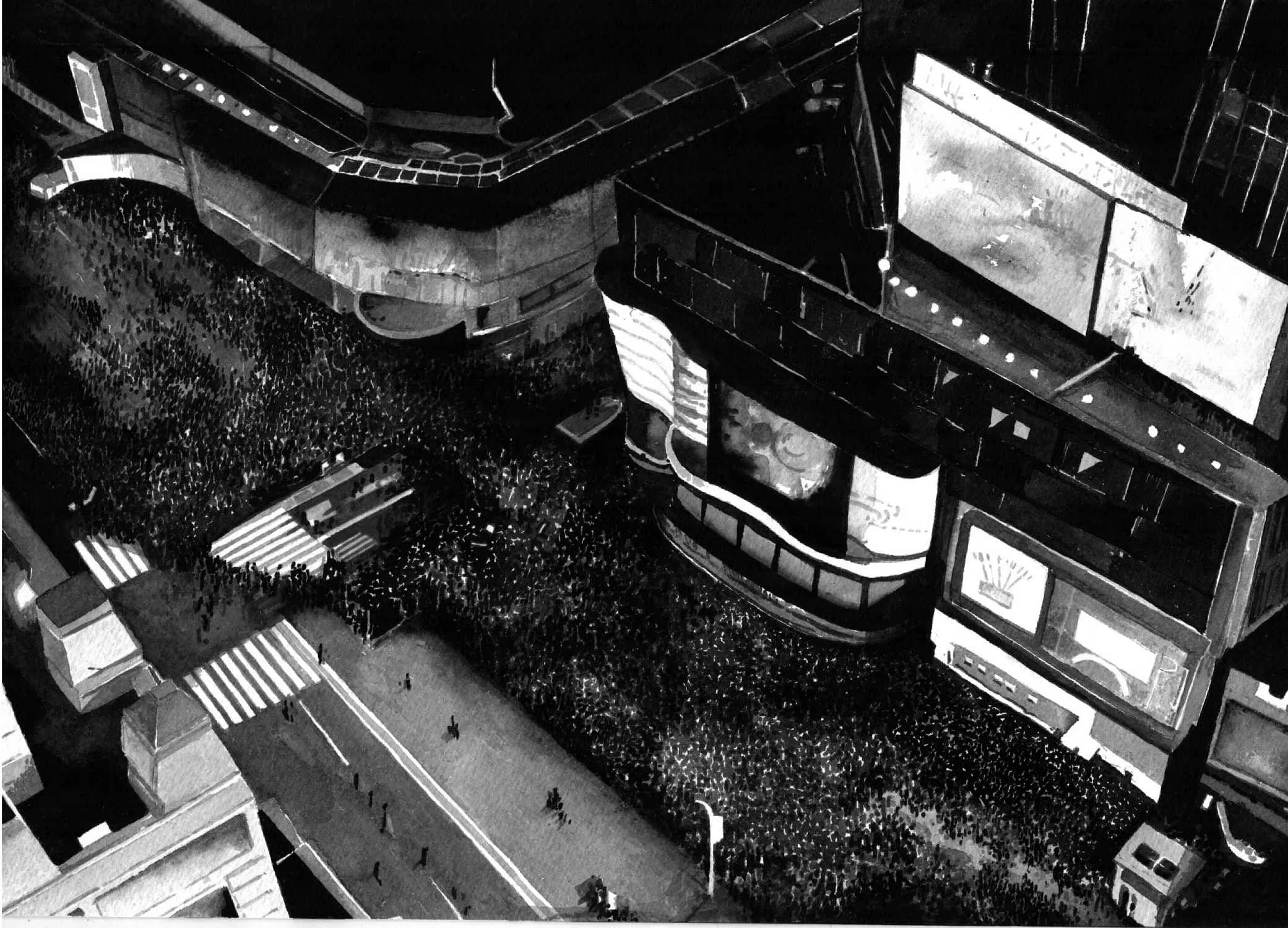  Protest Crowd, Occupy NY (4), Ink on paper, mounted on aluminium, white box frame, 40cm x 58 cm. 2013. 