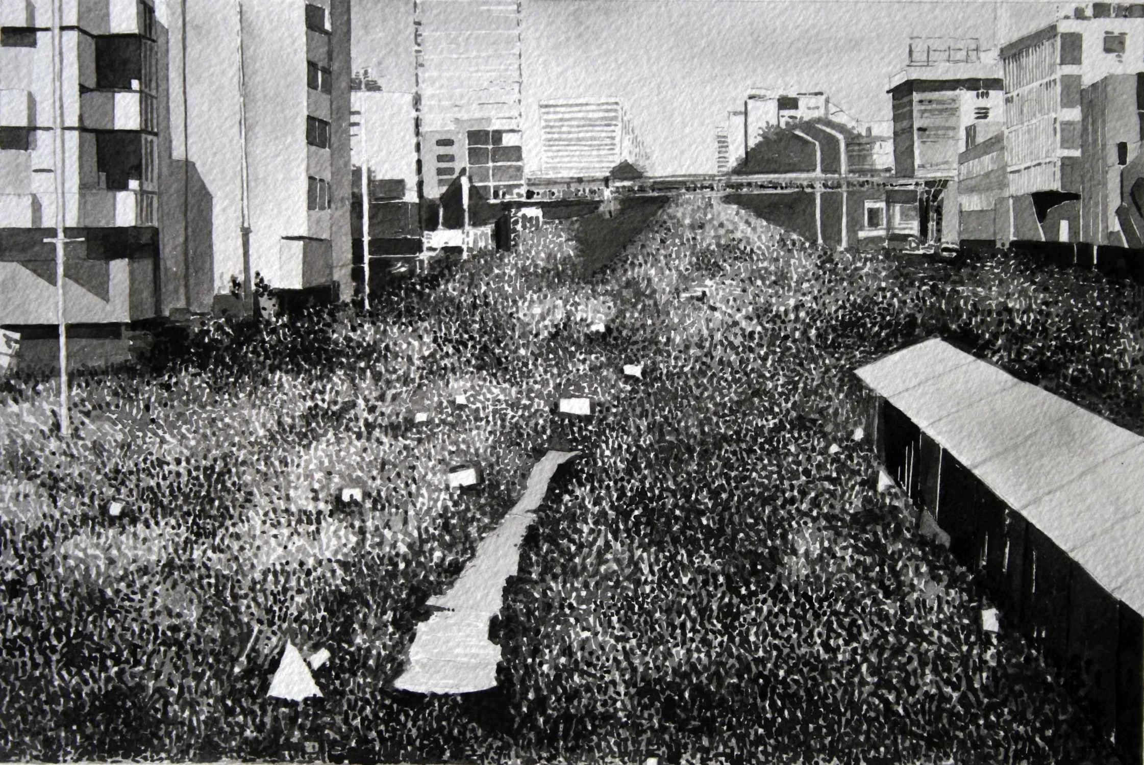 Protest Crowd, Yemen (street view) Ink on paper, mounted on aluminium, white box frame, 40cm x 58 cm. 2014.