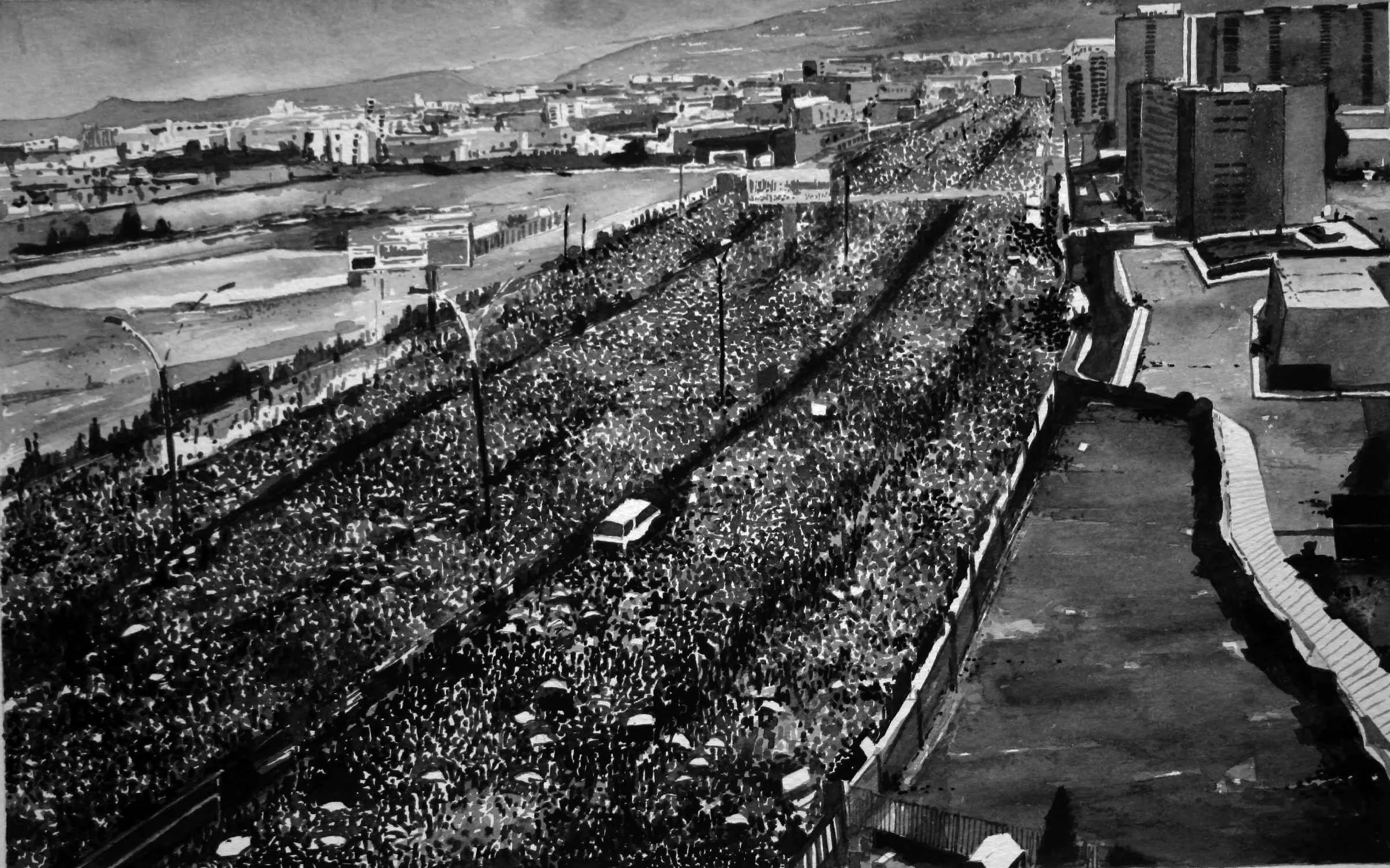  Protest Crowd, Yemen (version 5) Ink on paper, mounted on aluminium, white box frame, 40cm x 58 cm. 2016. 