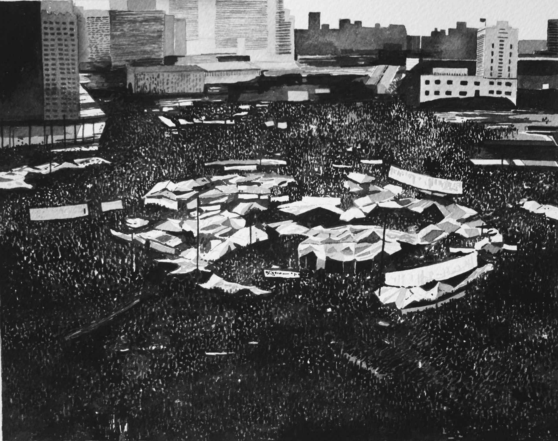 Protest Crowd, Tahrir square (3) Ink on paper, mounted on aluminium, white box frame, 40cm x 58 cm. 2013.