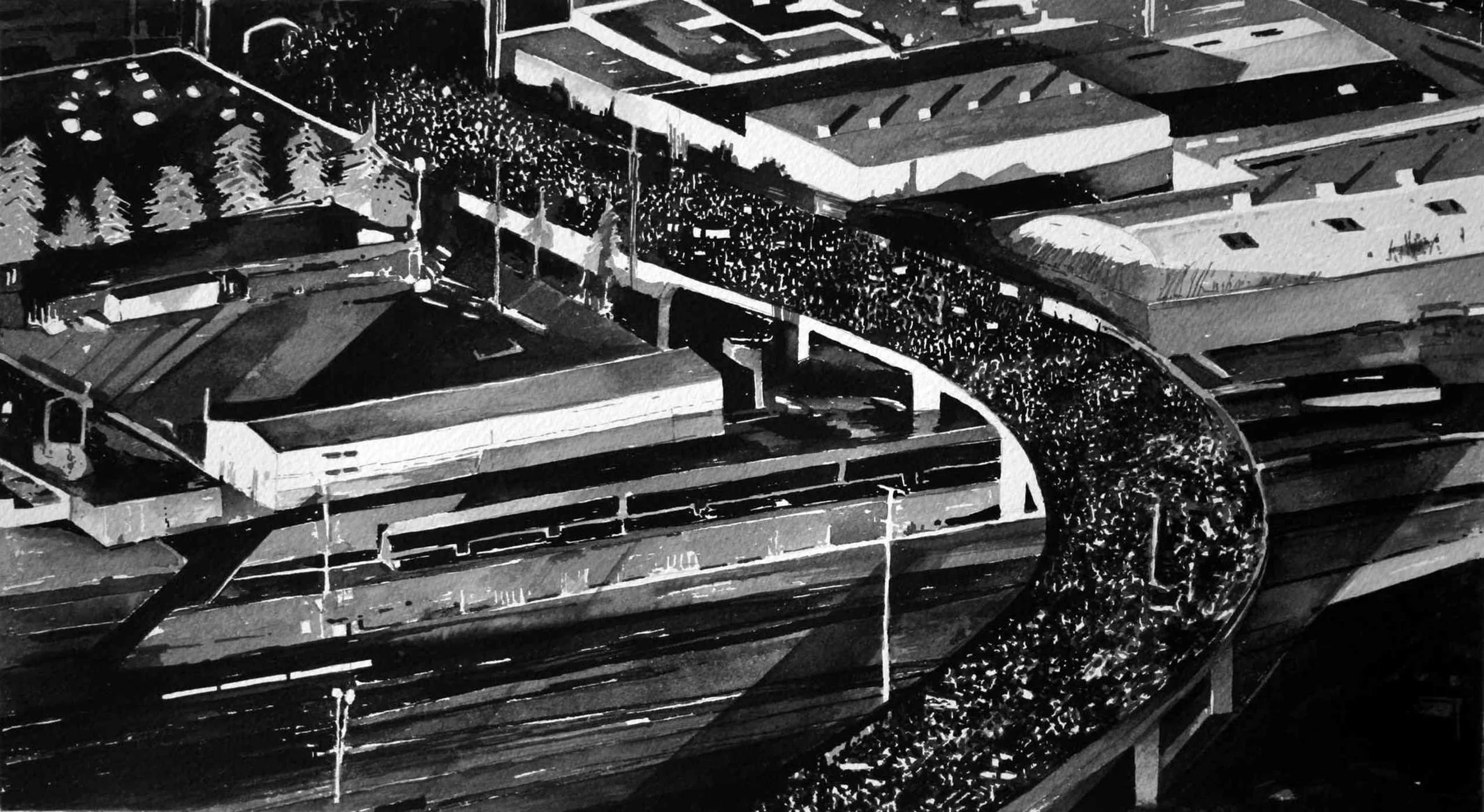  Protest Crowd, (Occupy 2011) San Francisco (1) Ink on paper, mounted on aluminium, white box frame, 40cm x 58 cm. 2013. 