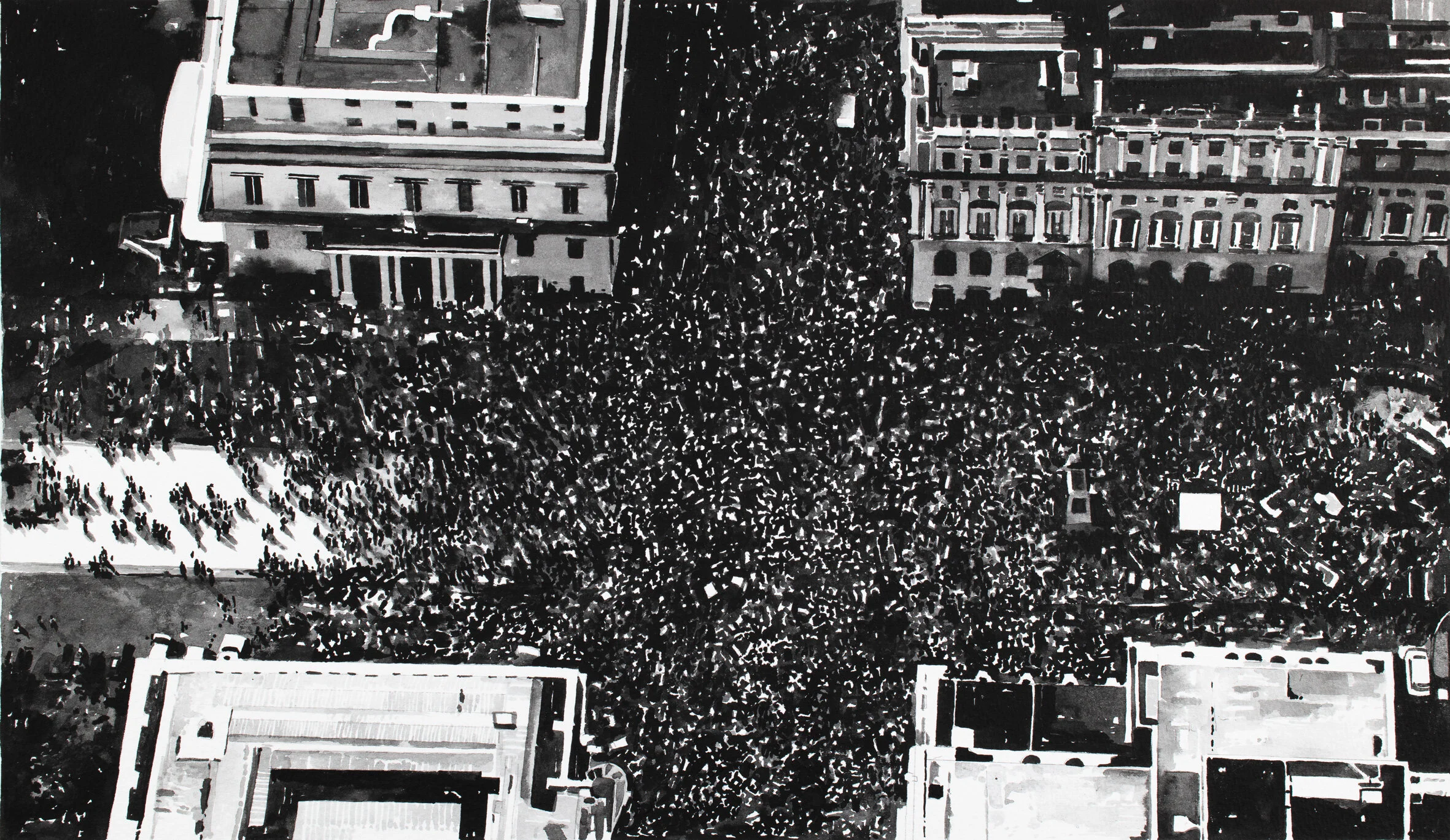  Protest Crowd, London ( Brexit 1, June 2018 ) 2018. Ink on paper mounted on aluminium. Image dimensions 40 x 23cm. White box frame (approx. 45 x 55 cm ) 