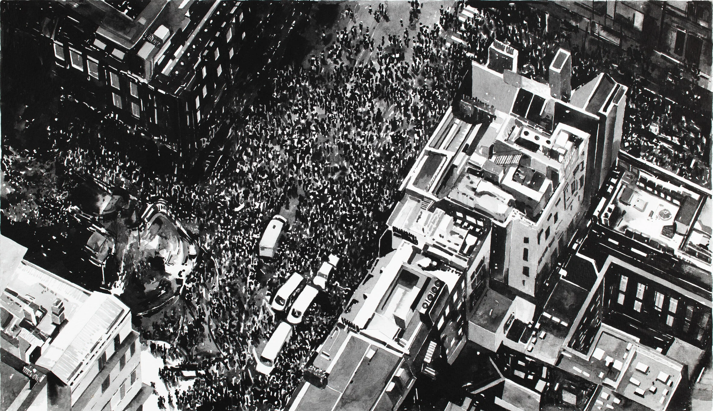  Protest Crowd, London ( Brexit 2, June 2018 ) 2018. Ink on paper mounted on aluminium. Image dimensions 40 x 23cm. White box frame (approx. 45 x 55 cm ) 