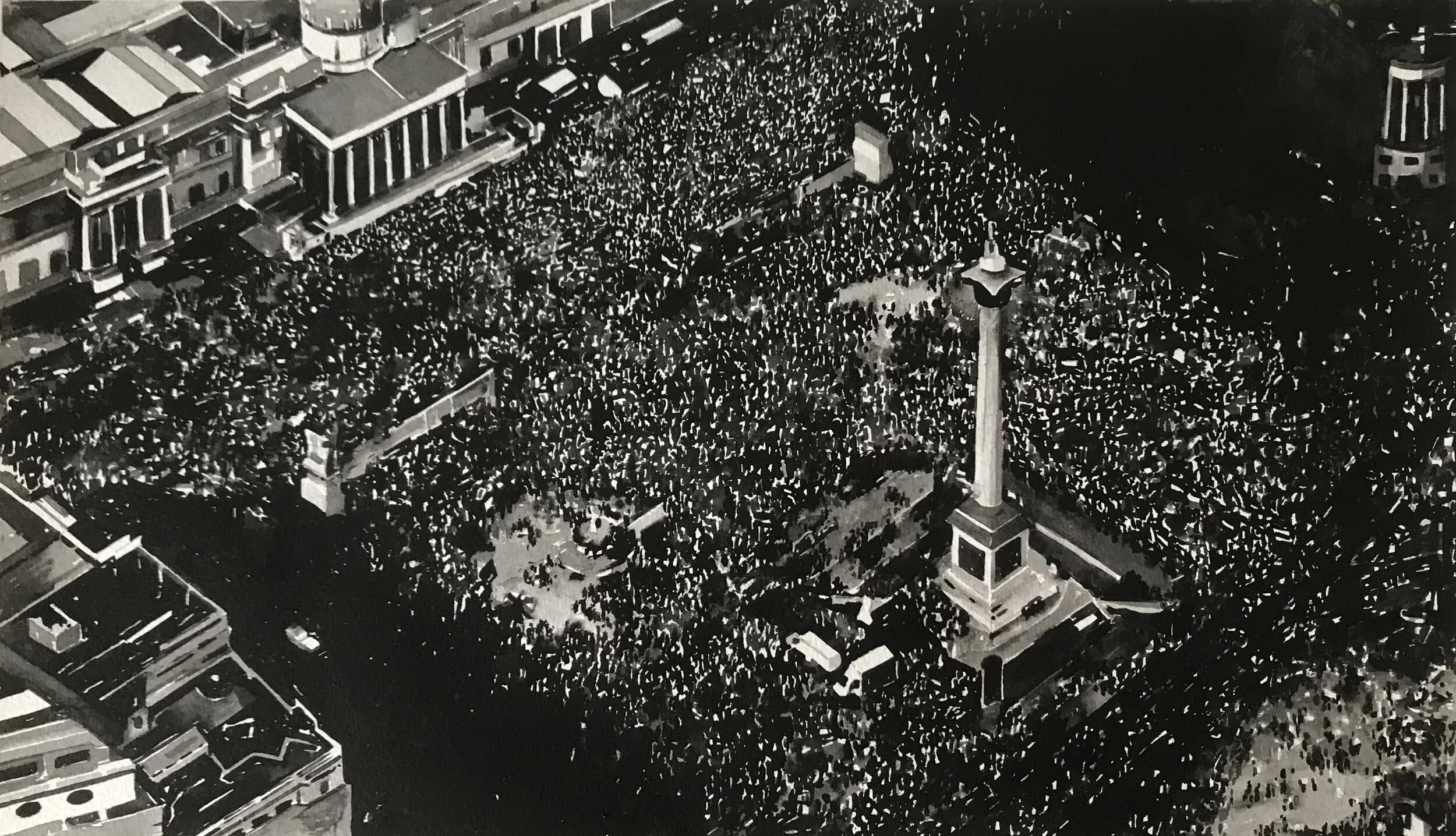  Protest Crowd, London&nbsp;(Trump Protest, Trafalgar square, July 2018 ) 2018. Ink on paper mounted on aluminium. Image dimensions 40 x 23cm. White box frame (approx. 45 x 55 cm ) 