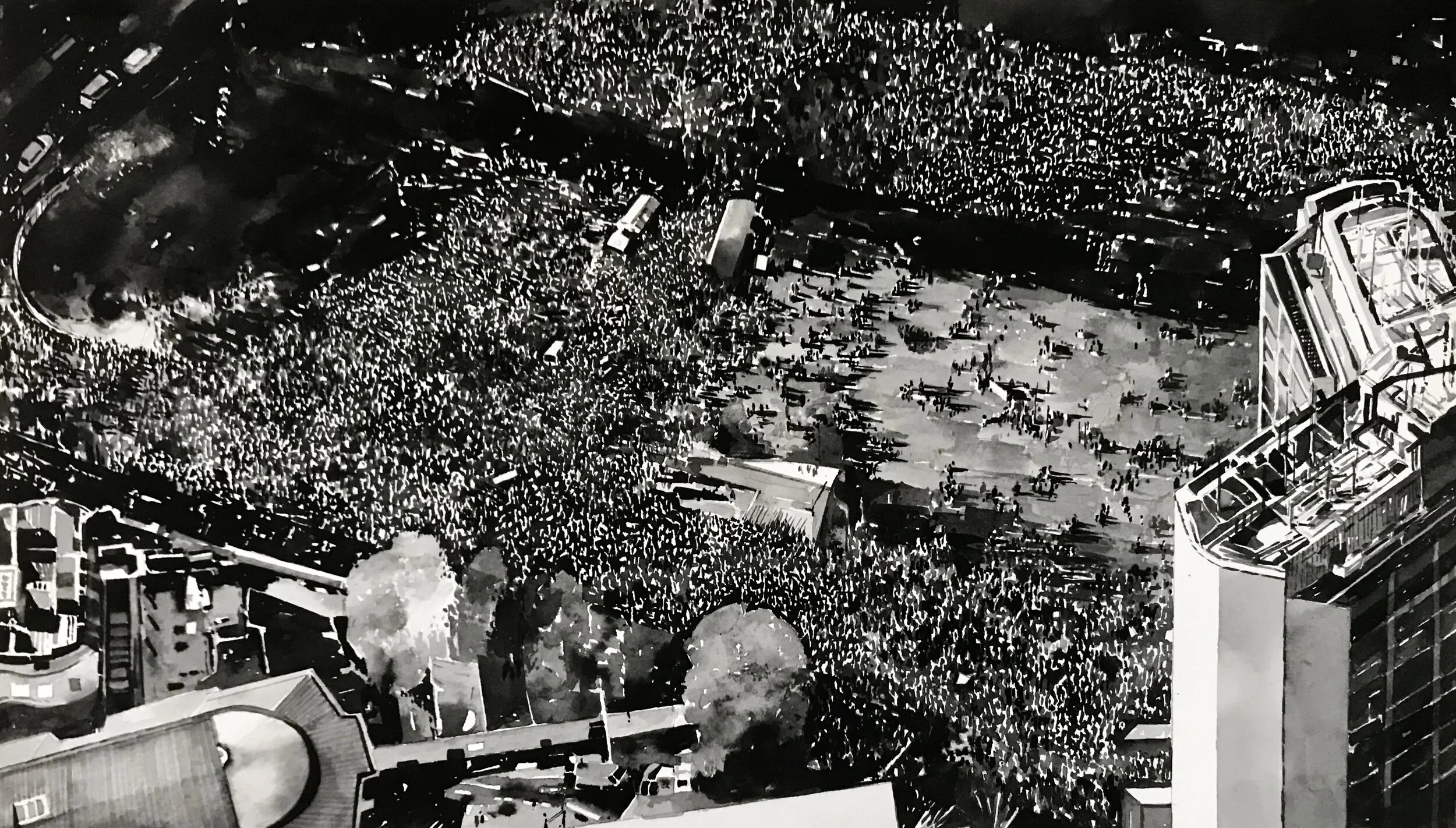  Protest Crowd, London ( Brexit 4, Peoples Vote, October 2018 )&nbsp;2019. Ink on paper mounted on aluminium. Image dimensions 40 x 23cm. White box frame (approx. 45 x 55 cm ) 