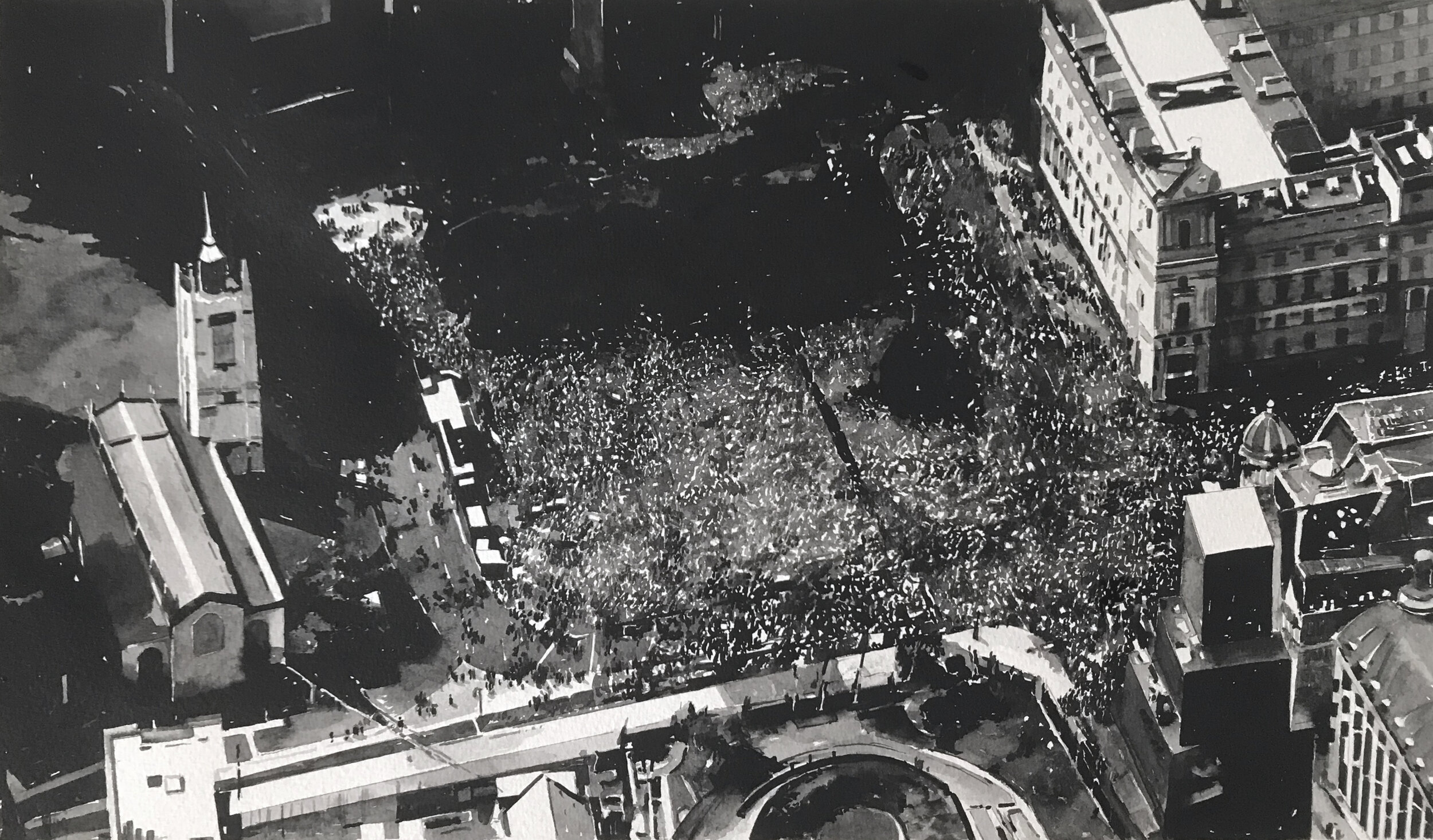  Protest Crowd, London ( Brexit 3 Peoples Vote, September 2018 )&nbsp;2019. Ink on paper mounted on aluminium. Image dimensions 40 x 23cm. White box frame (approx. 45 x 55 cm ) 