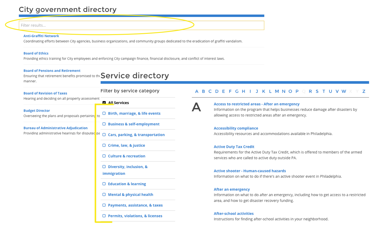 City Government Directory Predictive search vs Service Directory filter