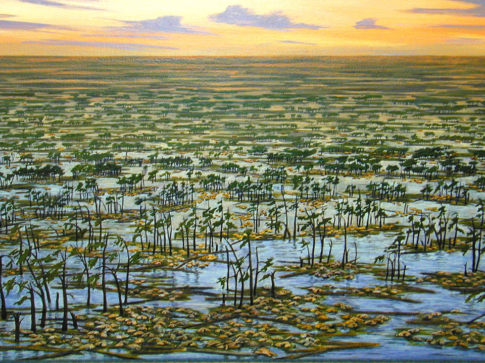Painting by Brenda Middagh showing mass-death accumulations of ceratopsians forming as a result of floods of extensive area of the coastal plane. 