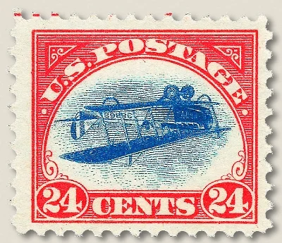 One of the famous inverted Jenny stamps from 1918. Image courtesy of Wikimedia commons.