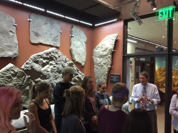 Connecticut College students examining trackways at the Beneski Museum of Natural History in Amherst, MA. Thanks to our delightful host, Fred Venne, for giving us the complete "tour" of Connecticut Valley geological history. The trackways were collected by Edward Hitchcock in the 1830s. Photo by Derek Turner.