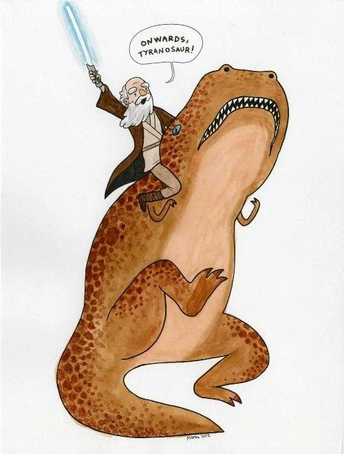 For guidance and inspiration, here's Darwin with a lightsaber riding a T. rex . Illustration by Maris Wicks .