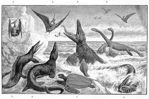 "The Great Cretaceous Ocean," by J. Carter Beard. From "The Serpentlike Sea Saurians," by W.H. Balou, Popular Science Monthly 53(1898): 209-225.