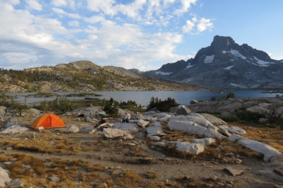 Gratuitous wilderness shot, from a backpacking trip in the Sierra Nevadas, at Thousand Island Lake in the Ansel Adams Wilderness.. Does the human presence mar the scene? 