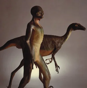Troodon, a genus of Cretaceous therapods, with a Troodontid: their counterfactual, human-like descendants, imagined by Dale Russell.