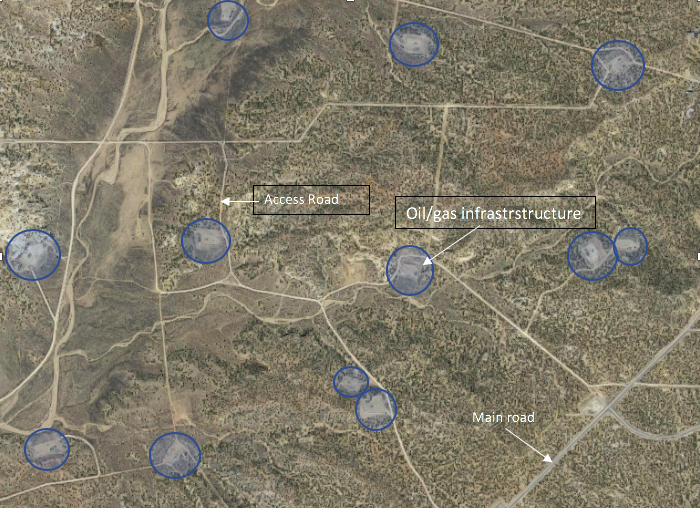 Oil and gas development in the San Juan Basin near Farmington, NM. Each blue circle is a pumping station or well pad, or some other infrastructure. Most of the lines are unpaved access roads.