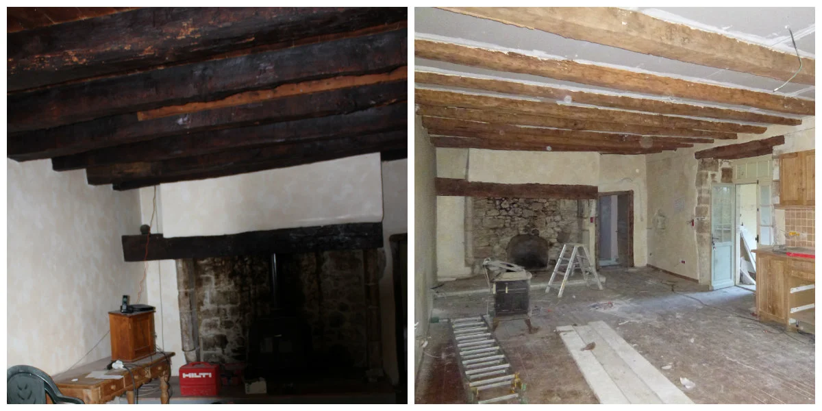 Before and after, the ceiling in the cuisine.