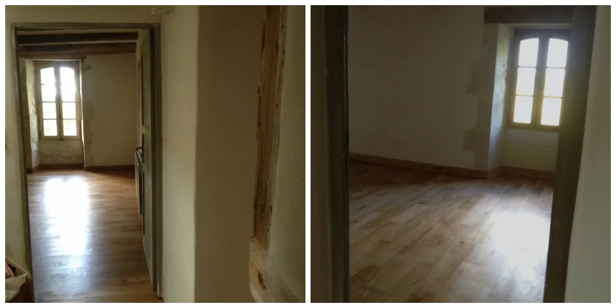 The polished oak floors, one more coat to go. (Left, Montaigu bedroom. Right, Tournon)