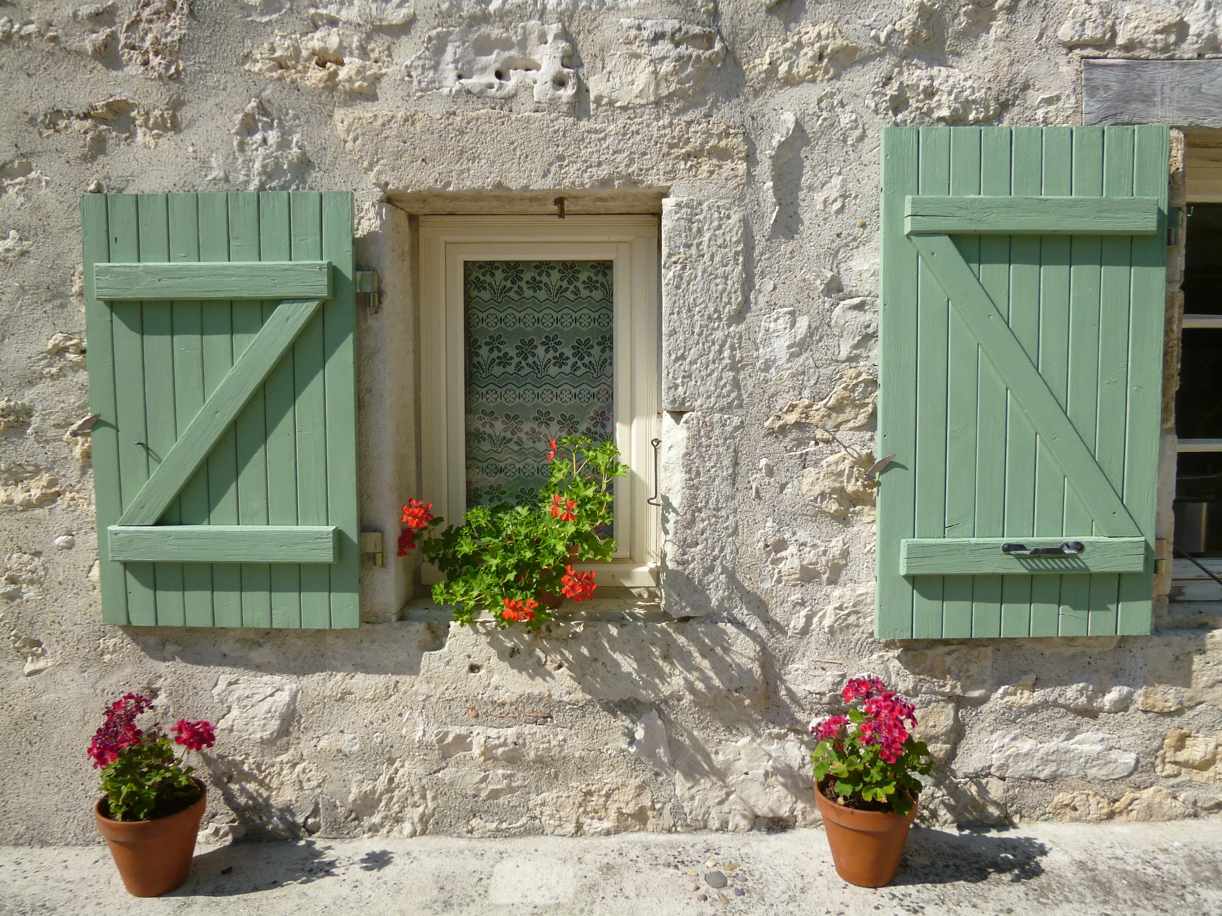 Geraniums and shutters.