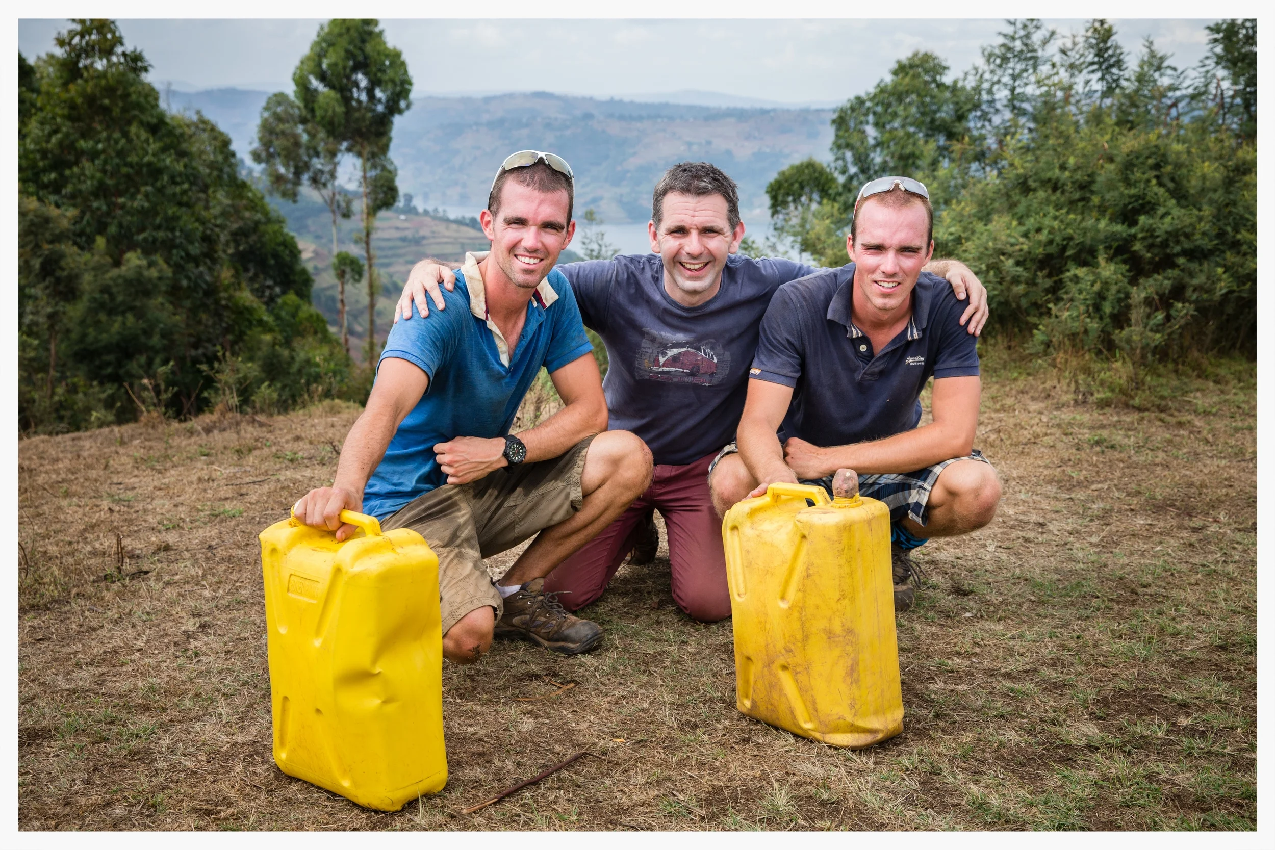 Above: Richard and Peter Chambers with their friend Tim Magowan who arranged the trip to Kabale in south west Uganda.