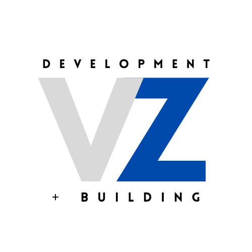 Logo with the words 'Development' above and 'Building' below a large gray 'V' and a blue 'Z'