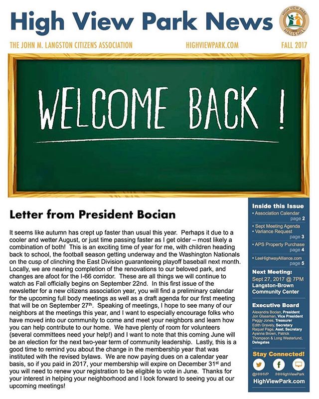 First day of school, First issue of HVPN for the civic year. In this issue we cover the association calendar for the next year, the Sept 27th meeting agenda, a variance request, and an APS property purchase. Go to our website to comment on individual