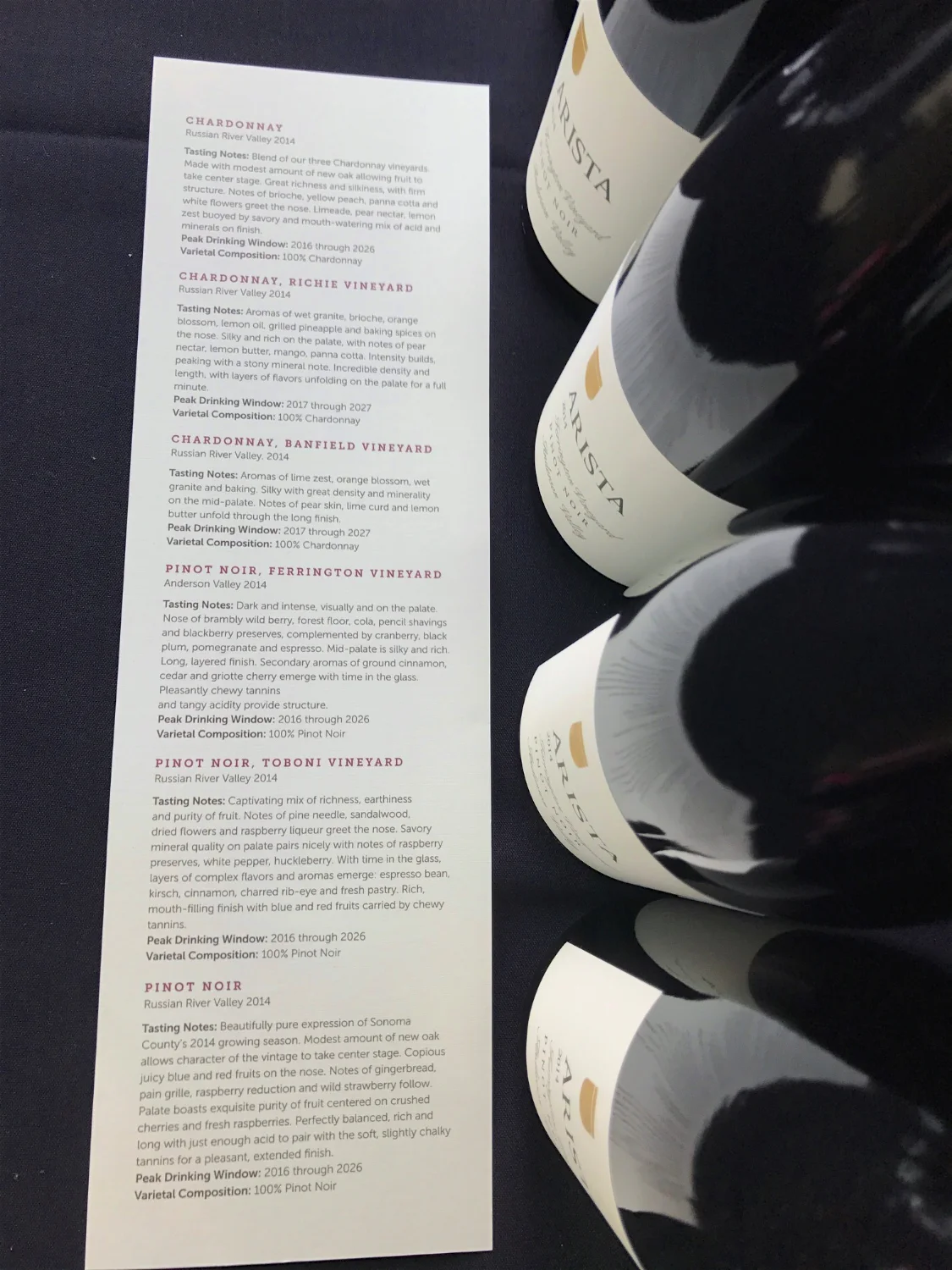 Arista Dinner Wine Tasting Notes