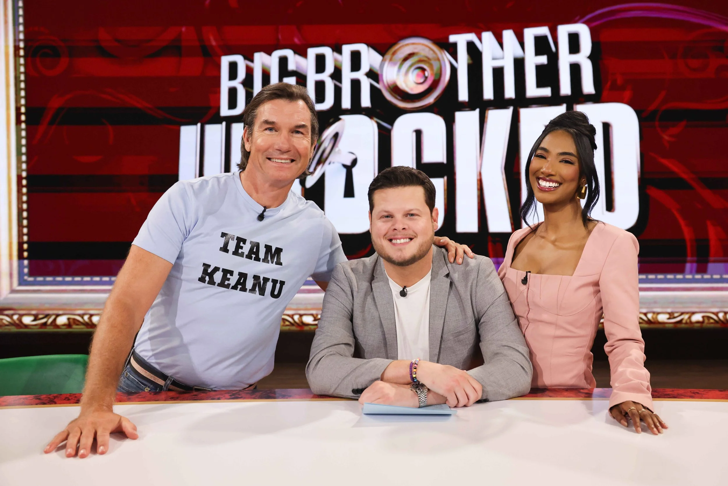  Guest Jerry O’Connell with hosts Derrick Levasseur and Taylor Hale on the set of Big Brother: Unlocked - August 2027 