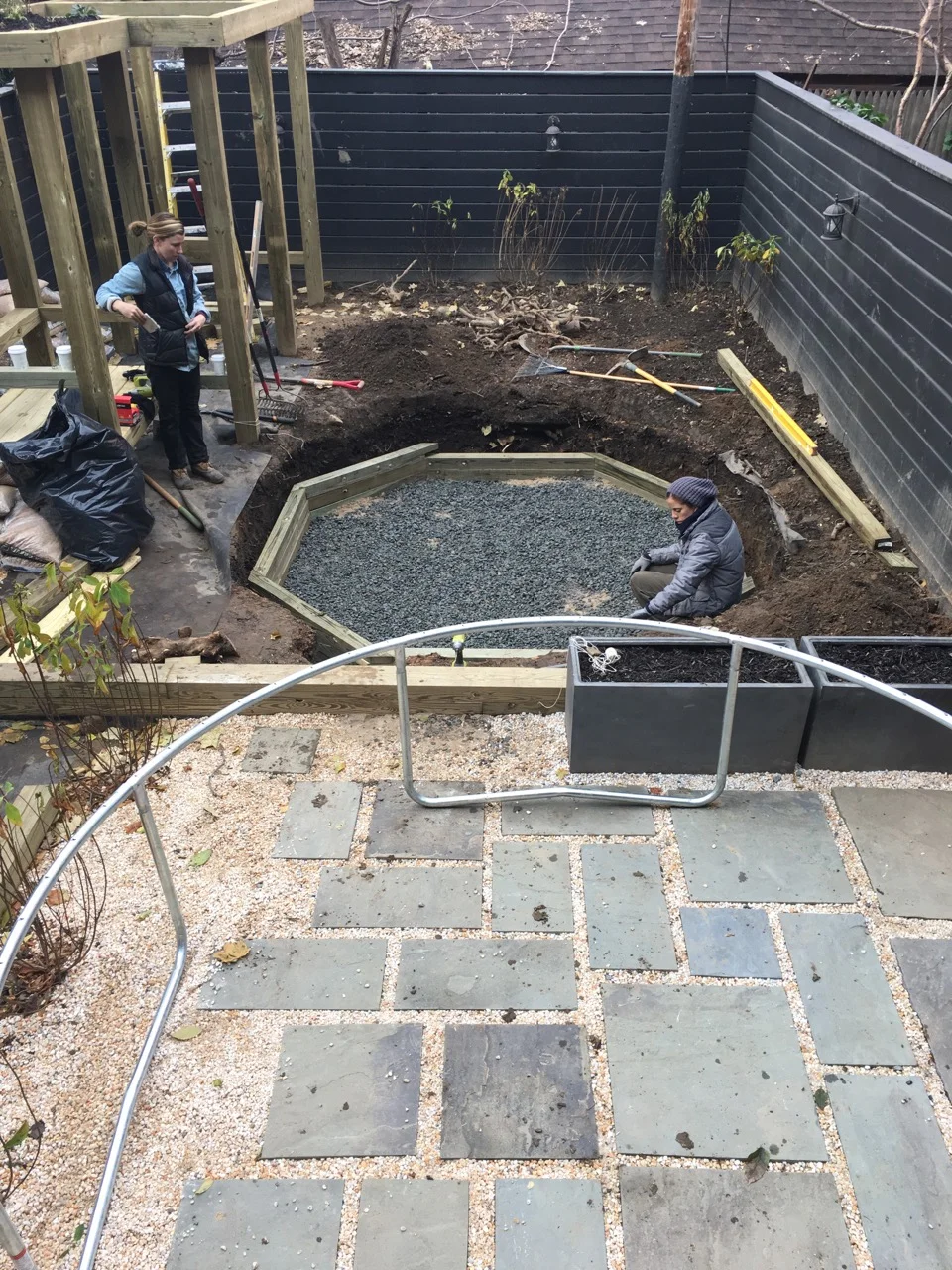 Installation of the sunken trampoline, at grade level