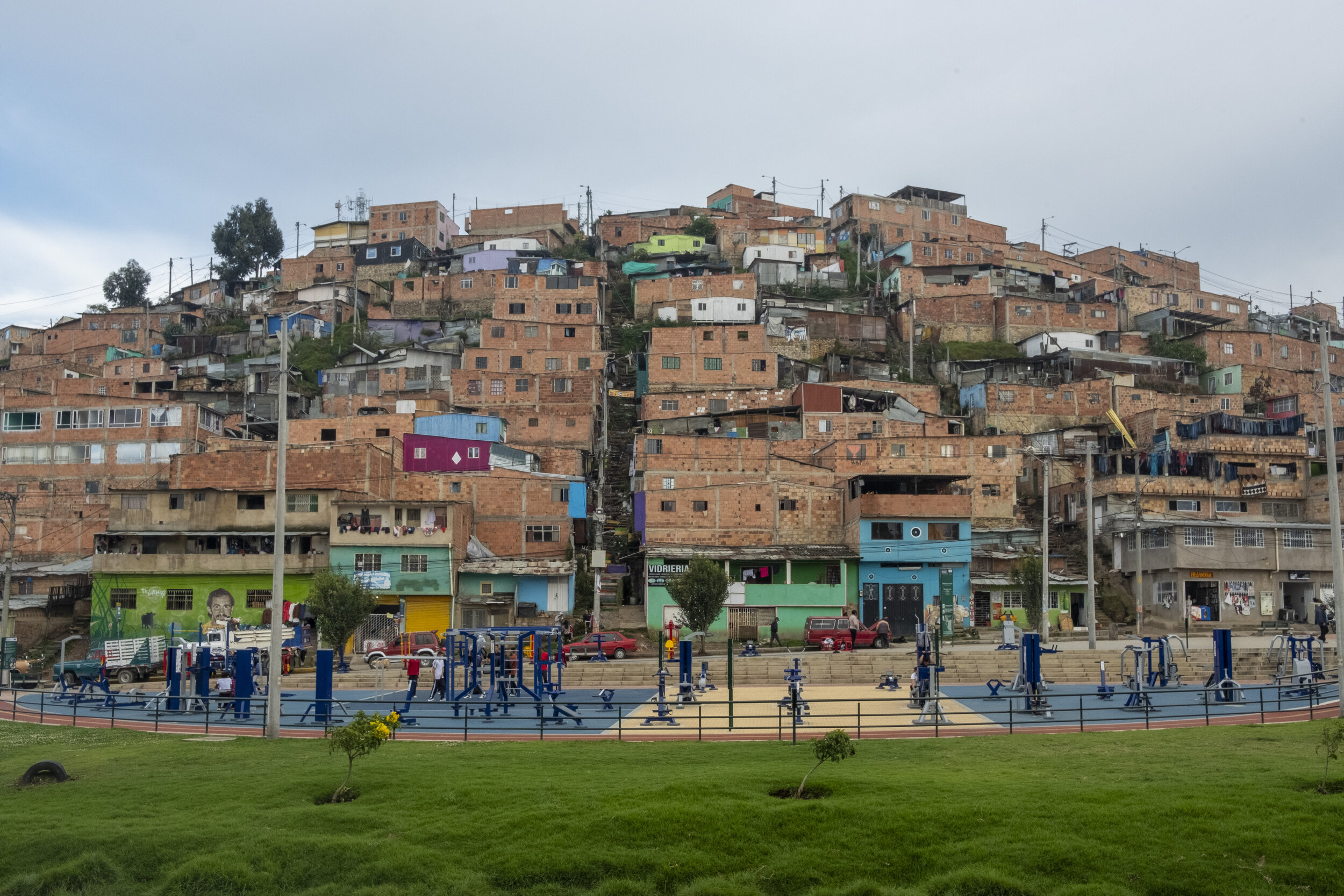  A newly-built outdoor gym in Illimani Park across the street from a hillside of illegal housing in El Paraíso.  