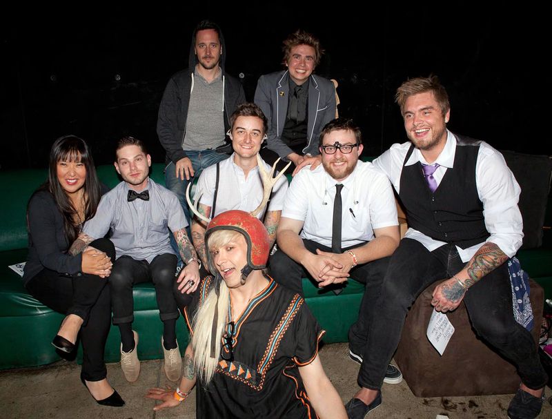A Million Pieces backstage at The Key Club. Pictured L-R: front row, Maxi Maxi (hair & make-up artist); Middle row, Helen Yu, Esq.(Manager); Morgan Freed (lead singer); Jerrod "Skins" Bettis (producer); Stephen Ross (keyboards/assorted instruments); Peter Vanderloos (guitarist); Noel Zancanella (producer, friend of A Million Pieces) and Ryan Brown (bassist).