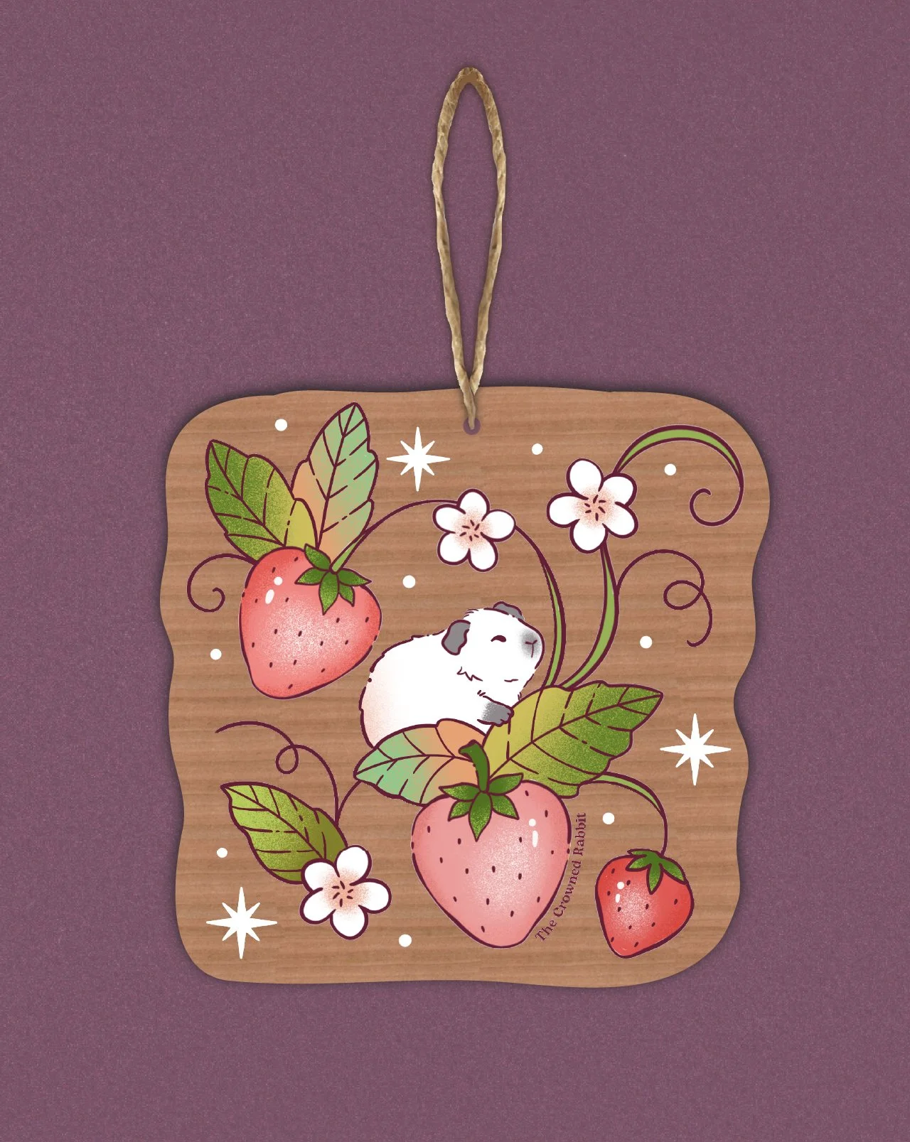 Strawberry Guinea Pig Wooden Ornament. Holiday Wooden Ornament