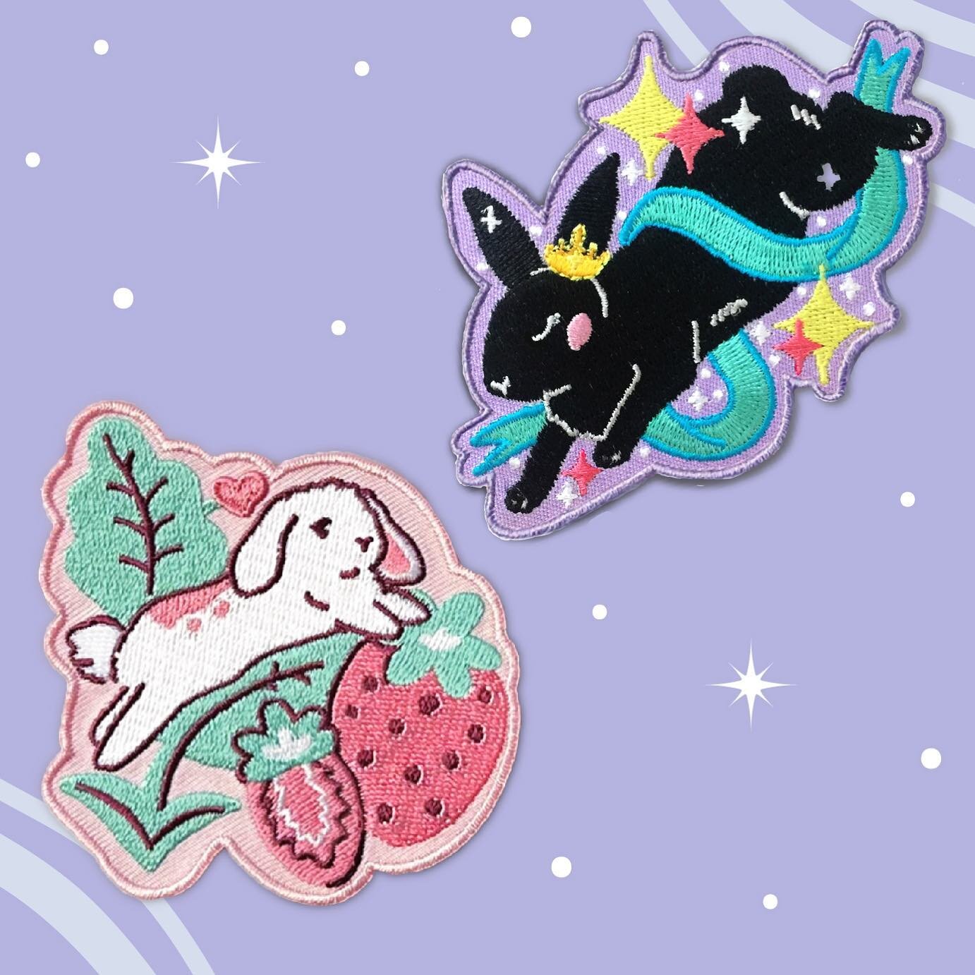 Iron-on embroidered patches that are currently a part of my Magical Rabbits Kickstarter campaign! We have about 2 weeks left of the campaign. I can&rsquo;t wait to get all of these made! A sample of the mug design is also on its way to me 😍 #embroid
