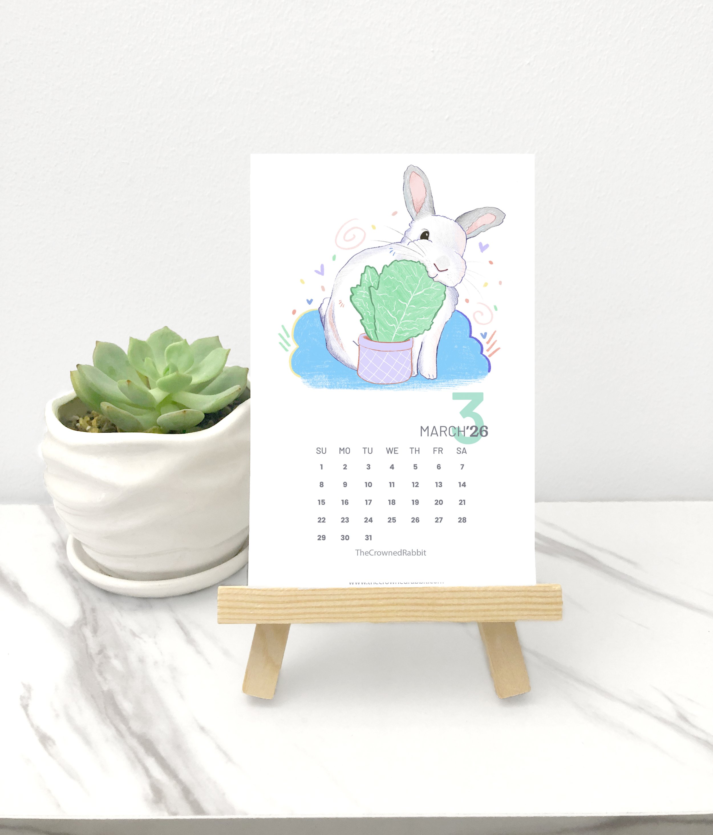 2026 Rabbit Desk Calendar Version 2 with Wooden Easel
