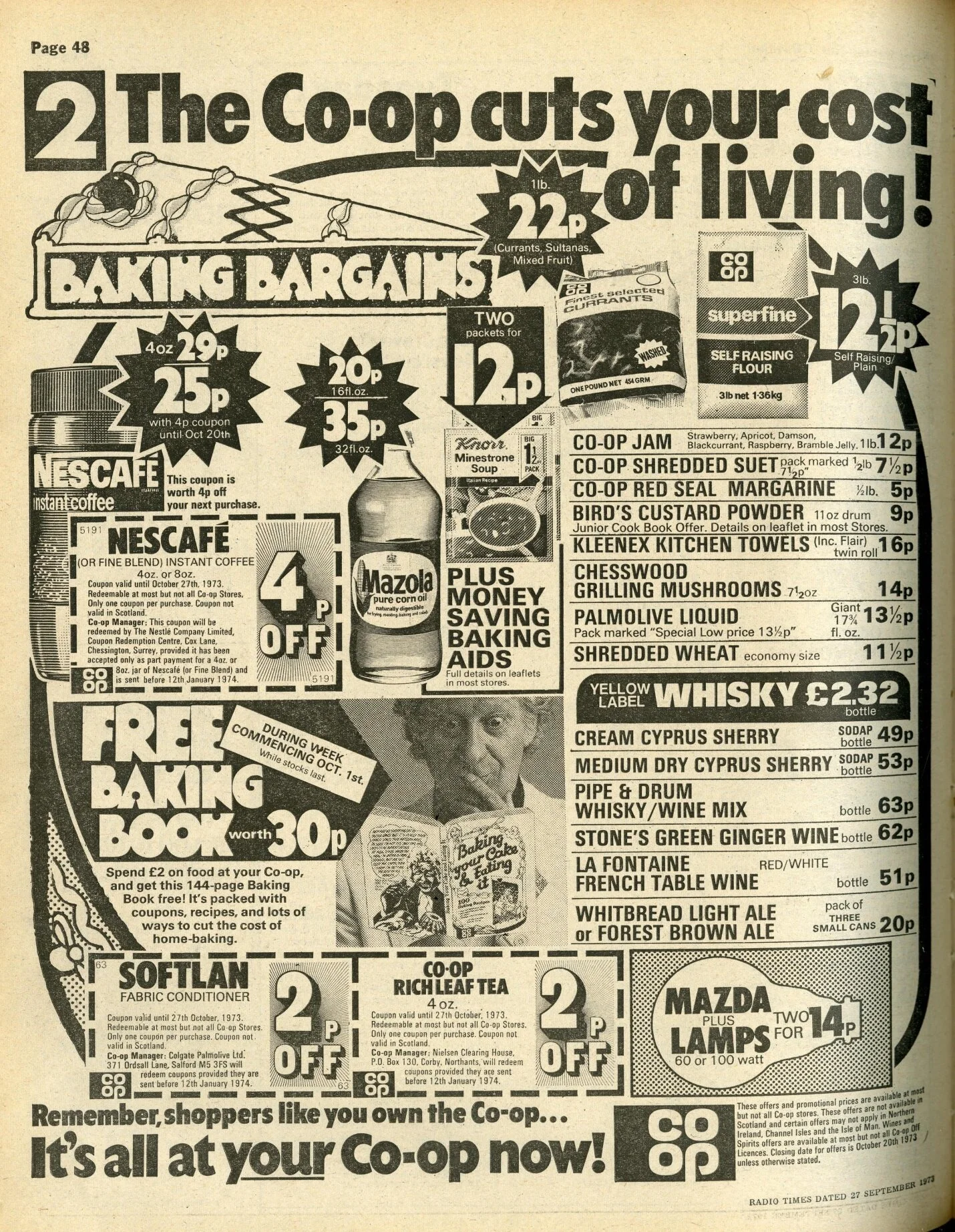 Co-Op advert featuring the Jon Pertwee baking promotion, Radio Times, 29 September - 5 October 1973