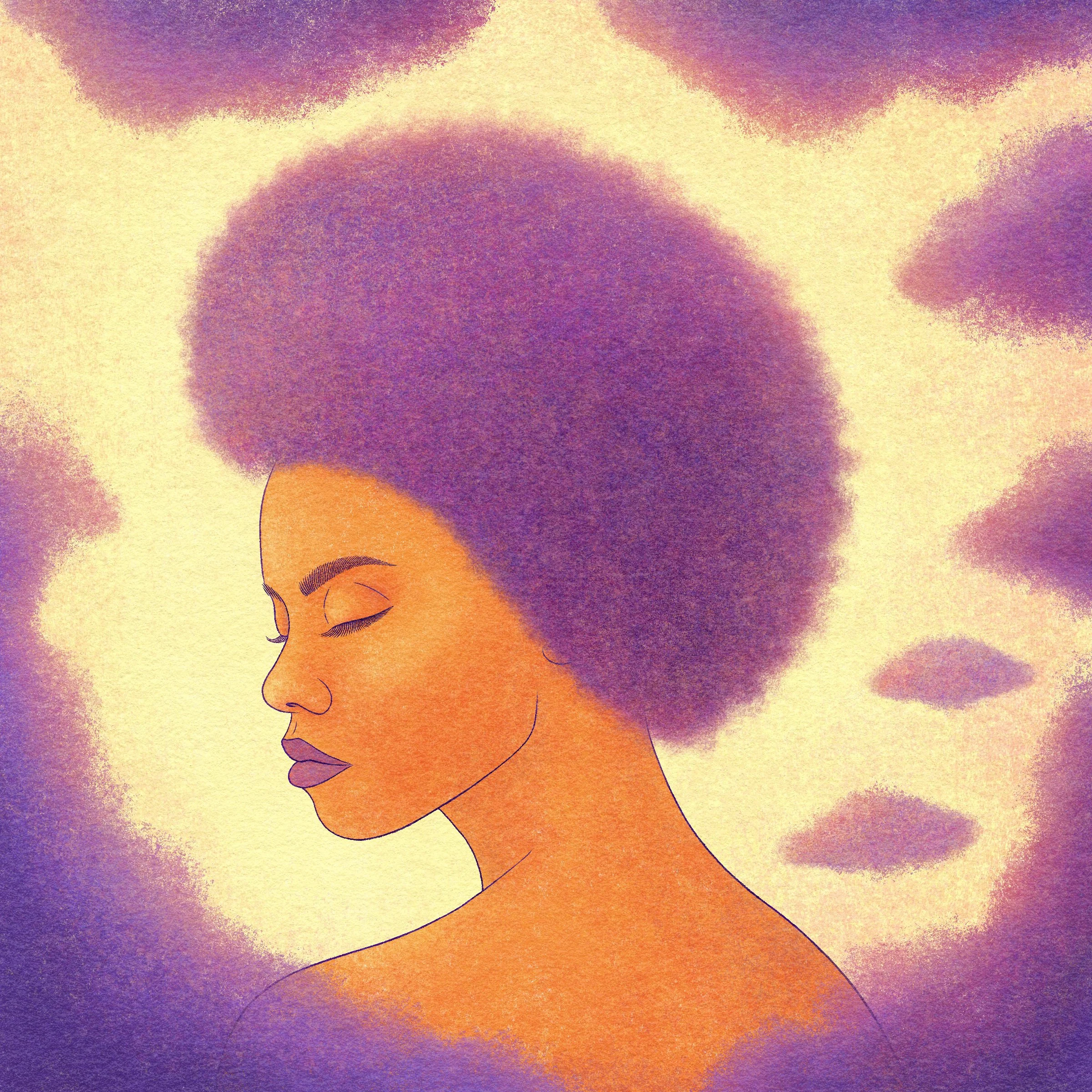 digital painting of a woman in a purple, orange and yellow color palette