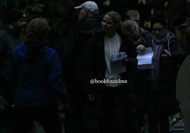 The scene was split into 2 halves. The first was with Regina and the second with the Evil queen. We see Regina, Emma and Hook walking towards the graveyard. We know they are talking to each other but could not hear what about. We then hear Regina shouting at someone which we would then guess would be the evil queen. They run towards to crypt in the graveyard and the evil queen is there. Emma is then in front of them all confronting the evil queen. She is holding a sword. The EQ must say something to Emma to make her mad because she then pushes forward with her sword towards EQ. Hook shouts Emma no. The EQ poofs away because of course she can't be so easily hurt and then the scene ends. (I wasn't there for the second half of the filming so I do not know if anything else was added to the end of that scene)