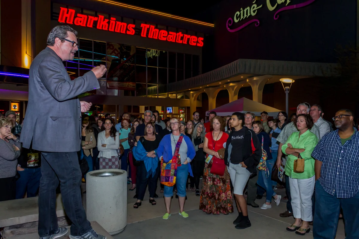 Arizona Filmmaker Randy Murray addresses filmgoers outside of the Harkins Scottsdale 101 at the Phoenix Film Festival