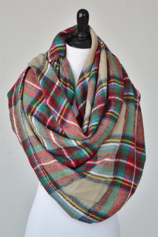  Taupe/red/green plaid blanket scarf, $28 