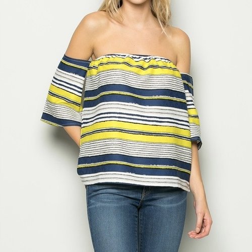 Stripe Off Shoulder Top pairs well with our favorite skinny frayed jeans or soft wide leg pant and perforated navy suede sneakers.