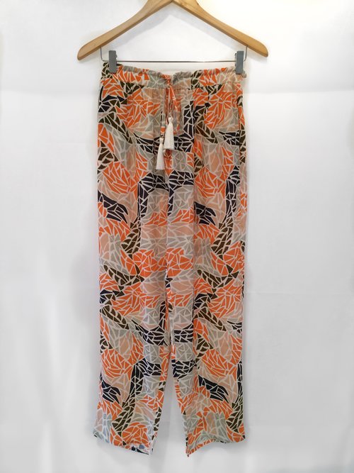 Fugi Stone Pant is a must have print when worn with our terracotta frayed hem vest and a simple white tank.