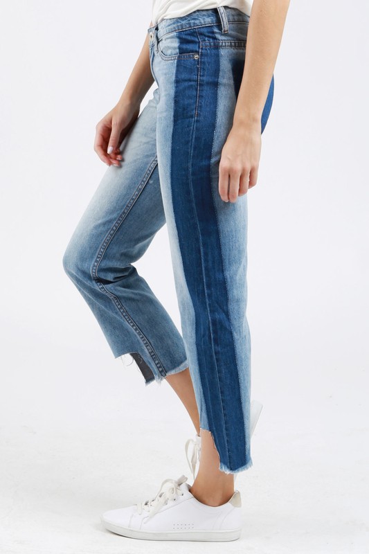 Two toned cropped jeans/ uneven hem.