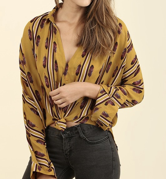 Mustard Feather Print Blouse.