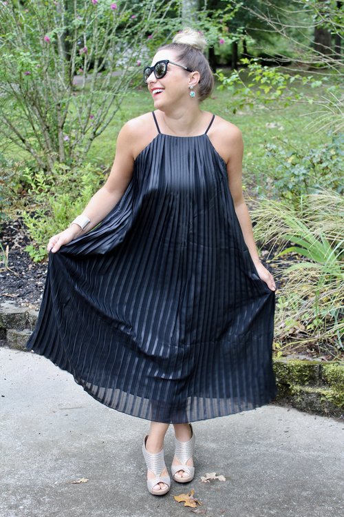 Accordion Pleated Dress is awesome worn with our Fringe Jacket, Red Pave Crystal Tassel Earrings, Leopard Fold Over Clutch and some suede ankle booties... simple but festive and fun. HOW FUN WOULD THIS BE TO WEAR TO A NEW YEAR'S EVE WEDDING OR PARTY?