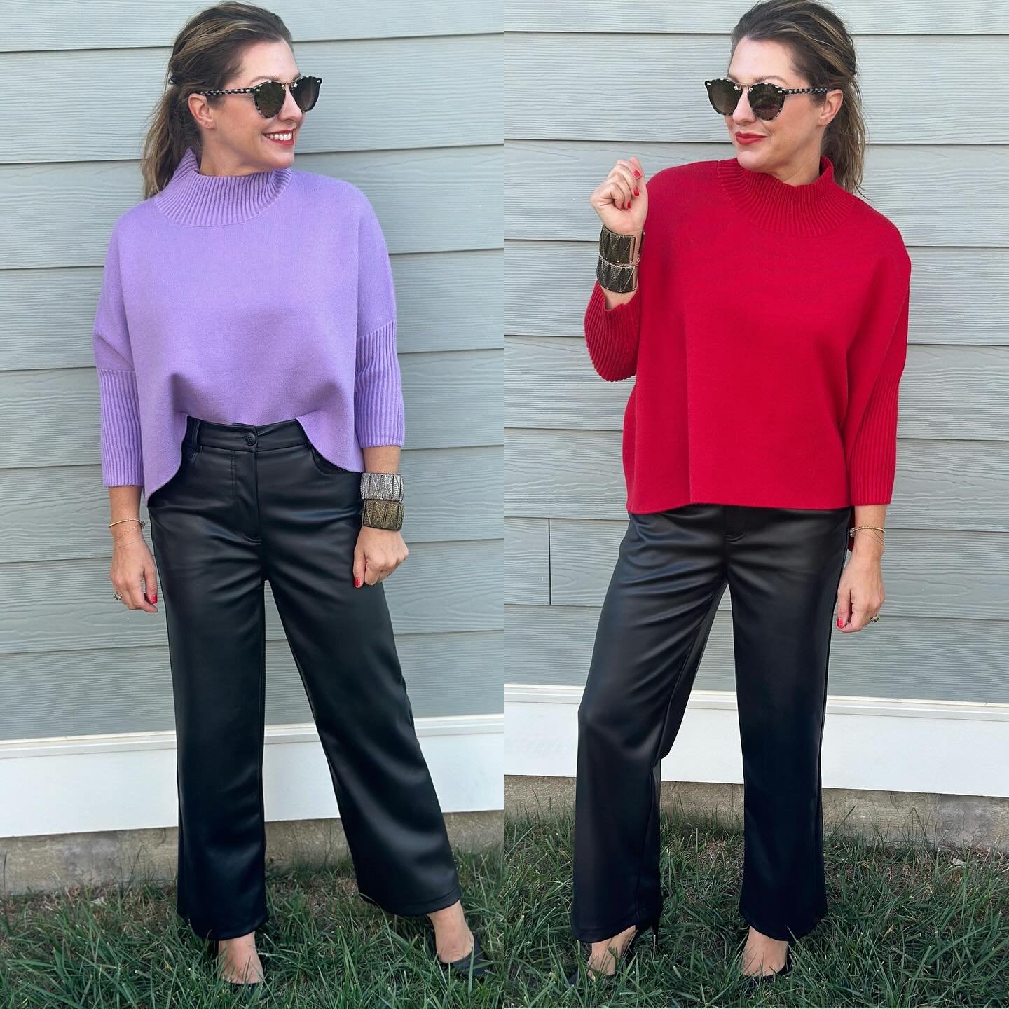 Two {of 4} of the NEW colors available in our best-selling Asia sweater! A bright pop of red + a vibrant lavender. We are so happy they are back! See stories for other colors! Double click if you&rsquo;re an Asia sweater lover like we are! ❤️