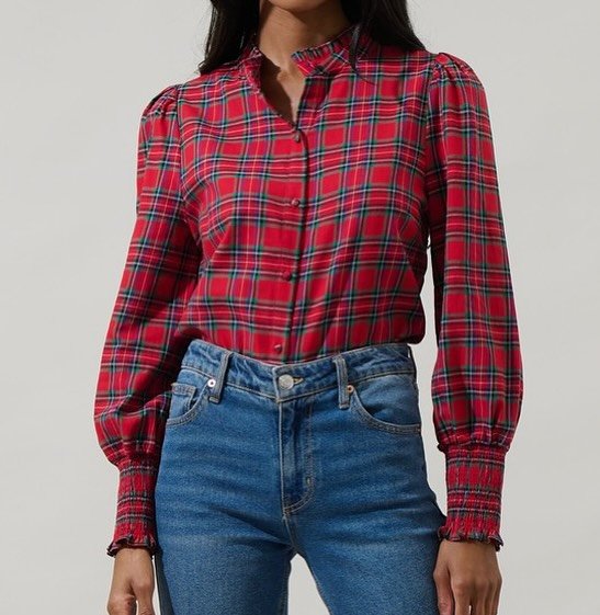❤️ the feminine details on this Red Plaid Frill- Neck top! Perfect for the holidays!