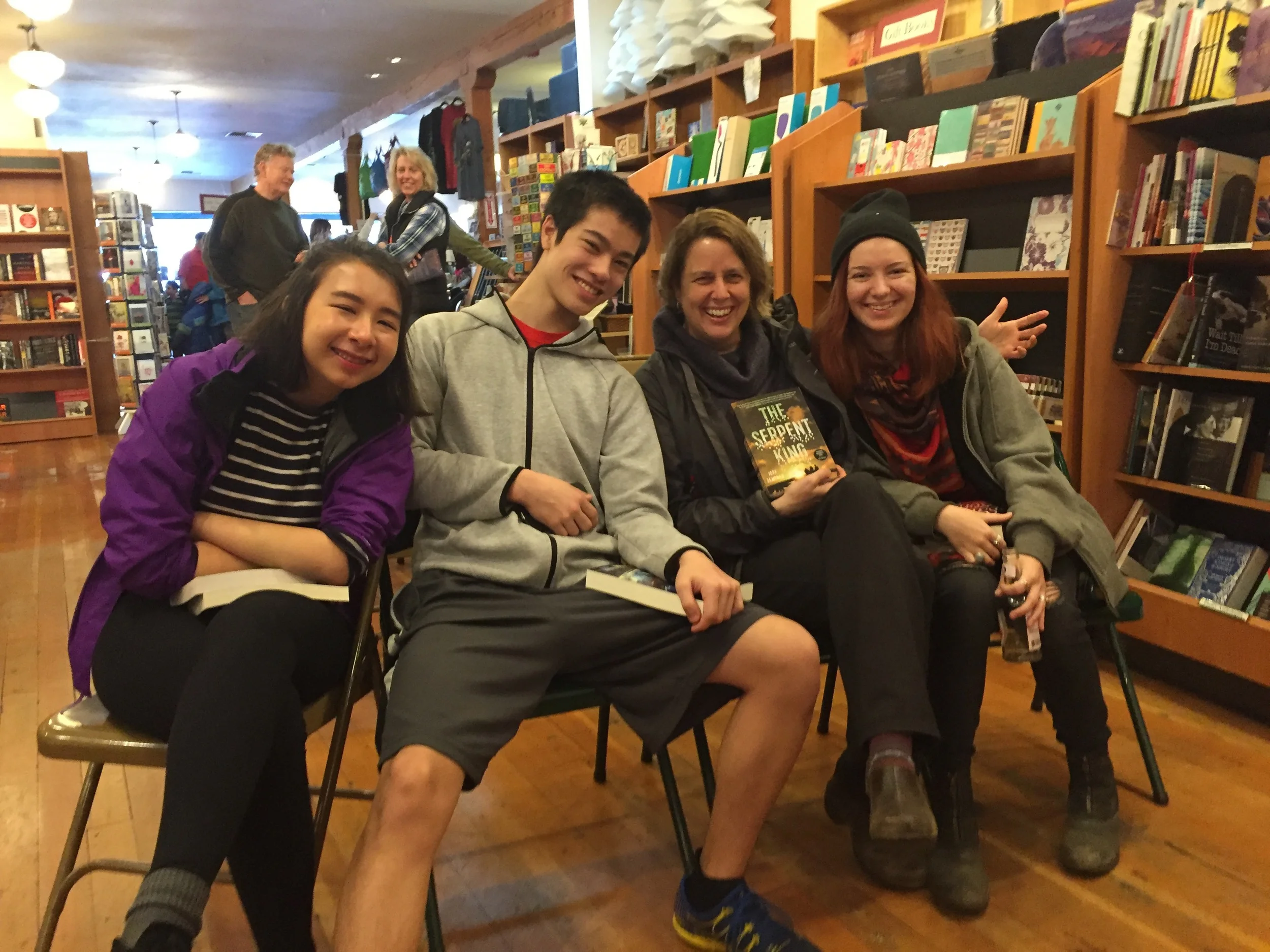 The Teen Advisory Board at Eagle Harbor Book Co. in Winslow, WA. And me giving a little shout out to The Serpent King, by Jeff Zentner. (Photo Credit: Victoria Irwin)